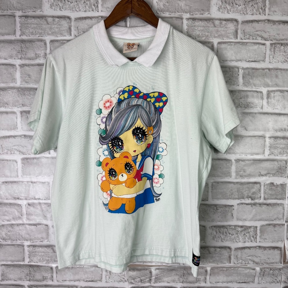 Yurie Sekiya x Teddy Fresh Anime Big Eye Art Collared Polo Shirt Womens LARGE